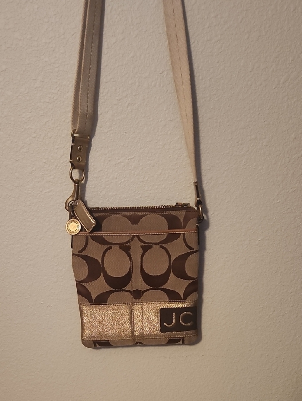 Coach Beige and Brown Signature Crossbody with Gold Trim